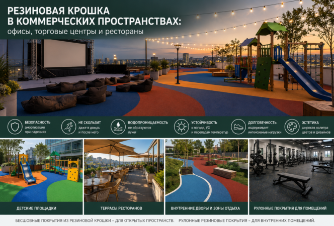 Резиновая крошка в коммерческих пространствах: офисы, торговые центры и рестораны